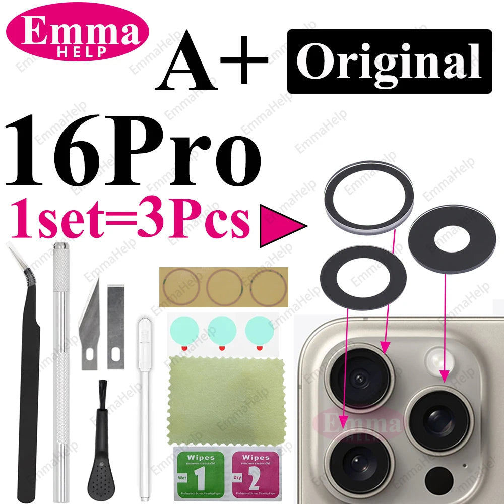 1Set Original Sapphire Rear Camera Glass Replacement for iPhone 16 15 14 Pro Max 12 13 Mini 15 Plus Camera Lens Repair Tool Kits