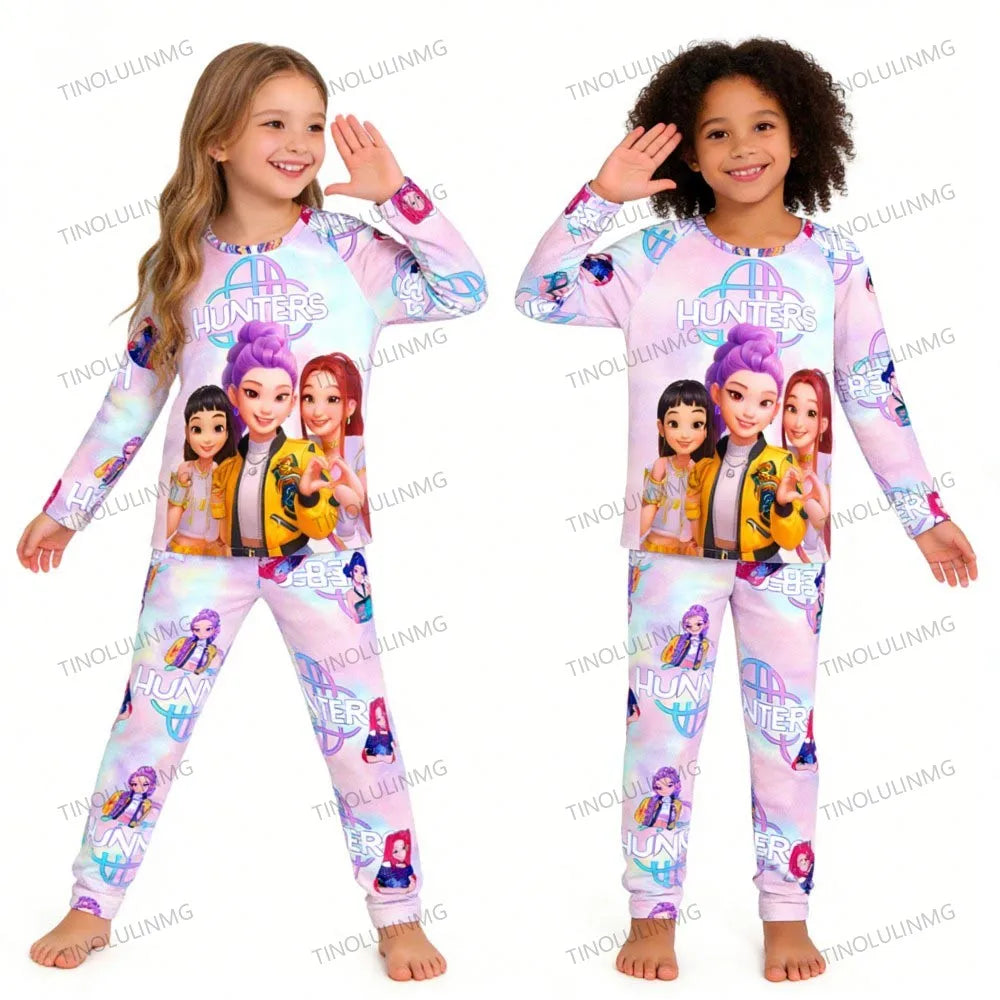 KPop Demon Hunters Huntrix Kids Pajamas Set Long Sleeve Girls Clothing 2pcs Children's Sleepwear Cartoon Boys Nightwear 3-14Y