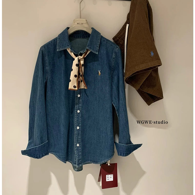 Retro Washed Denim Shirt with  Logo Classic Preppy Style Long Sleeve Women's Casual Fashion Autumn Season Button Closure