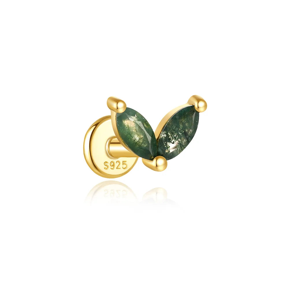 AIDE Water Grass Agate 925 Sterling Silver Flat Head Thread Piercing Earring Green Moss Piercing Ear Bone Earring Jewelry 1pc