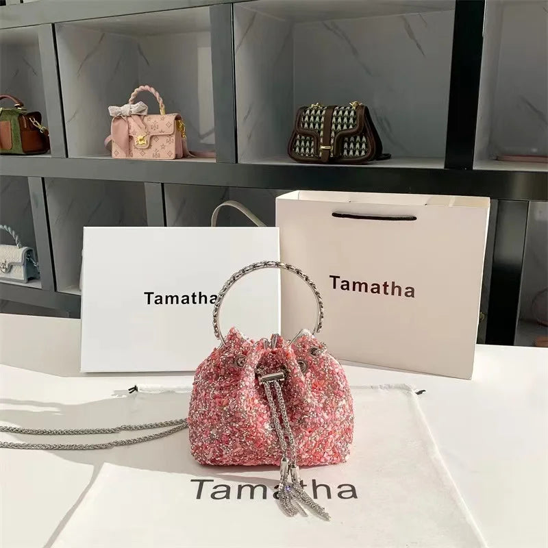 Luxury Designer Colorful Stones Evening Clutch Bag Wedding Party Bucket Purse Metal Handle Women Handbag Shoulder Messenger Bag