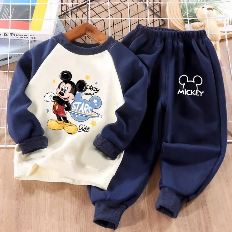 DISNEY Mickey Print Boys Spliced Sweatshirt 2-piece Sets Kids O Neck Hoodies and Trouser 2pcs Set Kids Sport Clothes Suit Autumn