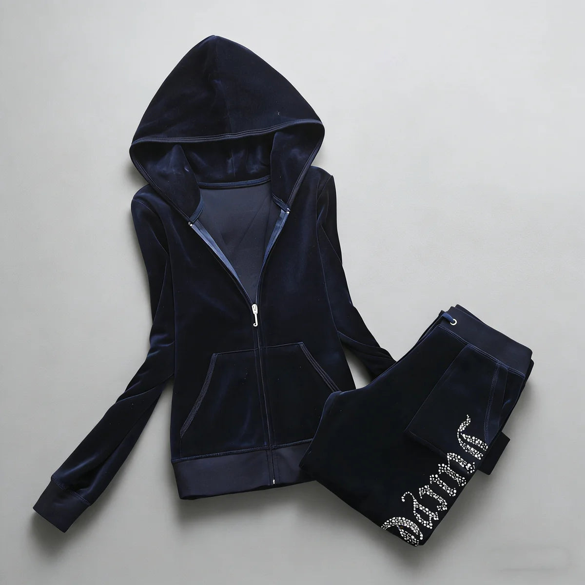 Y2K Women's Velvet Tracksuit 2 Piece Set Rhinestone Crown Print Hoodie + Straight Pants Slim Fit Loungewear Multiple Colors