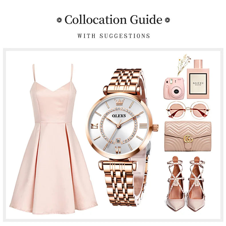 OLEVS 6892 Women's Watches Elegant Fashion Original Wristwatch Waterproof Stainless Steel Mesh Belt Luminous Inlaid Zircon