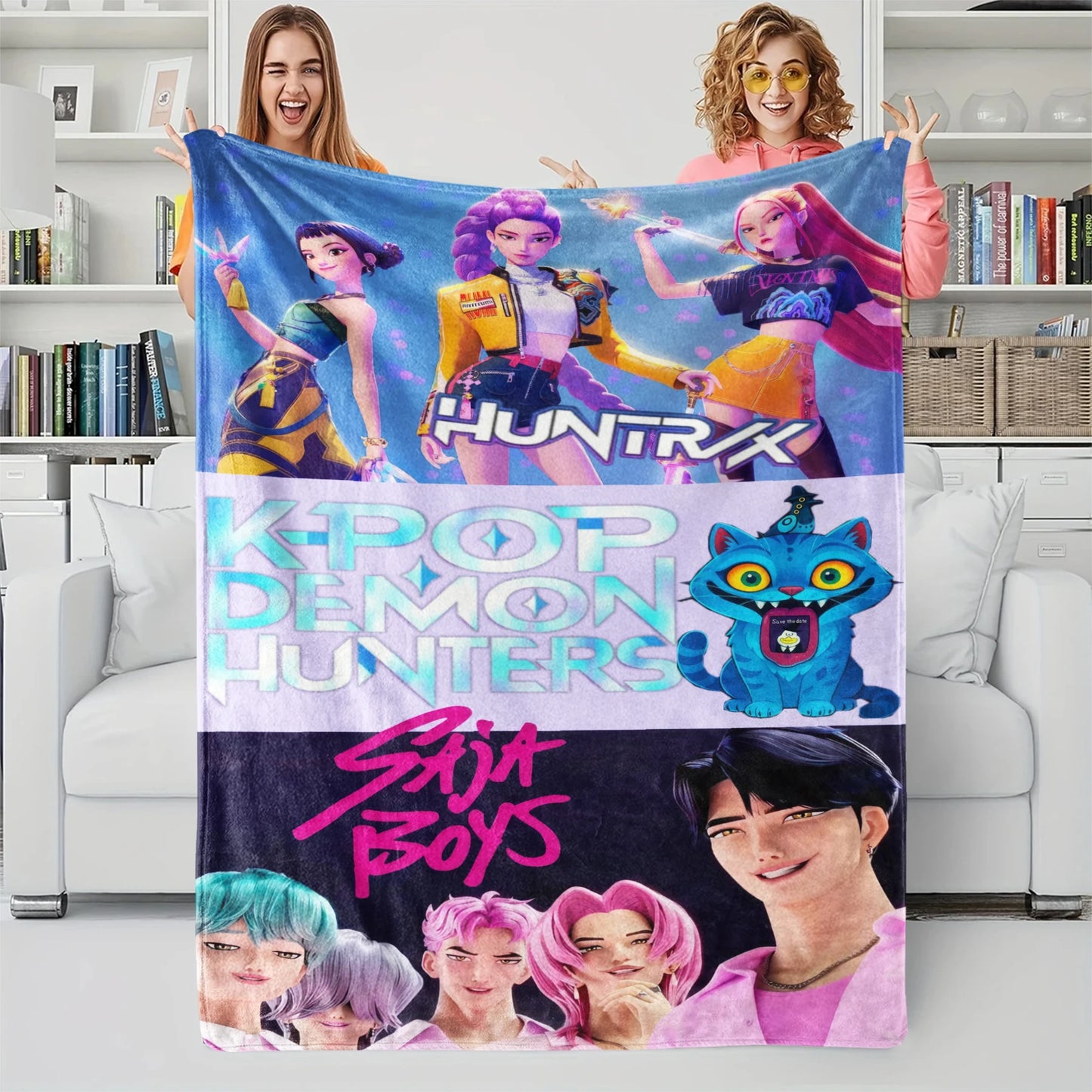 1pcs Cute Huntrix Cat K Pop Flannel Blanket Cozy Throw For Girls Bedroom Holiday Use