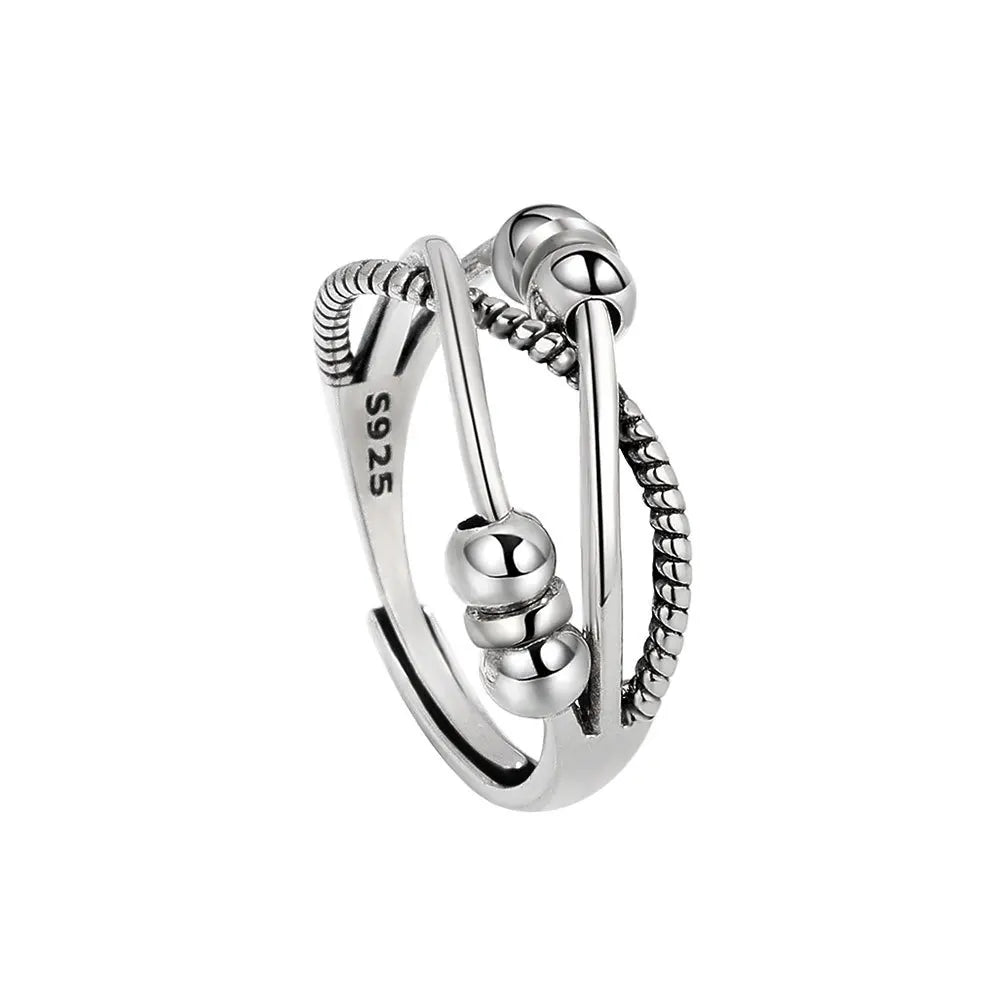 Vintage Round Beads Rotating Anti Stress Ring For Women Twisted Fidget Metal Spinner Anxiety Relief Spinning Ring Bague Femme