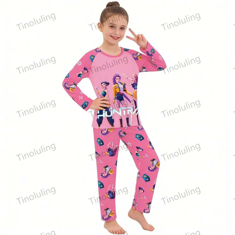 KPop Demon Hunters Huntrix Kids Pajamas Set Long Sleeve Girls Clothing 2pcs Children's Sleepwear Cartoon Boys Nightwear 3-14Y