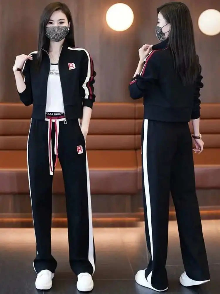 Fashionable Sportswear Two-Piece Set Ladies Wide Leg Pants Jacket Casual Spring Autumn Outfit Stylish Zipper Closure Long Sleeve
