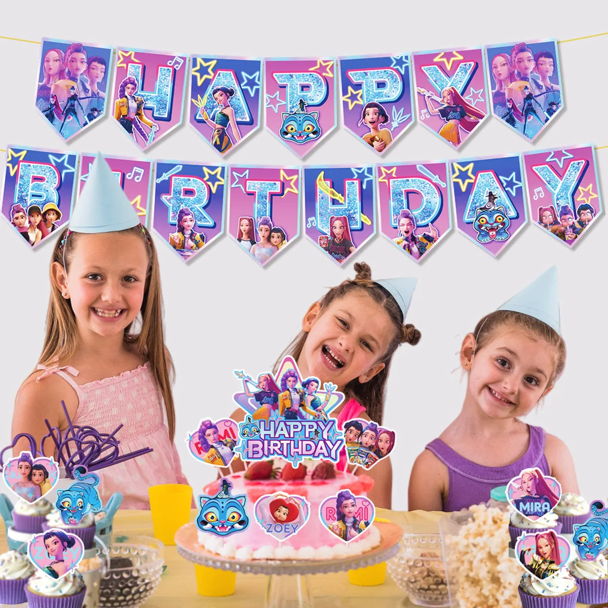 Cartoon Girl Hunters Disposable Party Tableware Banners Balloons Birthday Decoration Cake Topper Insert for Baby Shower
