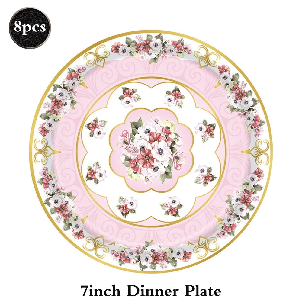 Tea Party Tableware Flower Paper Plate Napkin Cup Girl Birthday Tea Party Pink And Green Flower Decoration Disposable Tableware