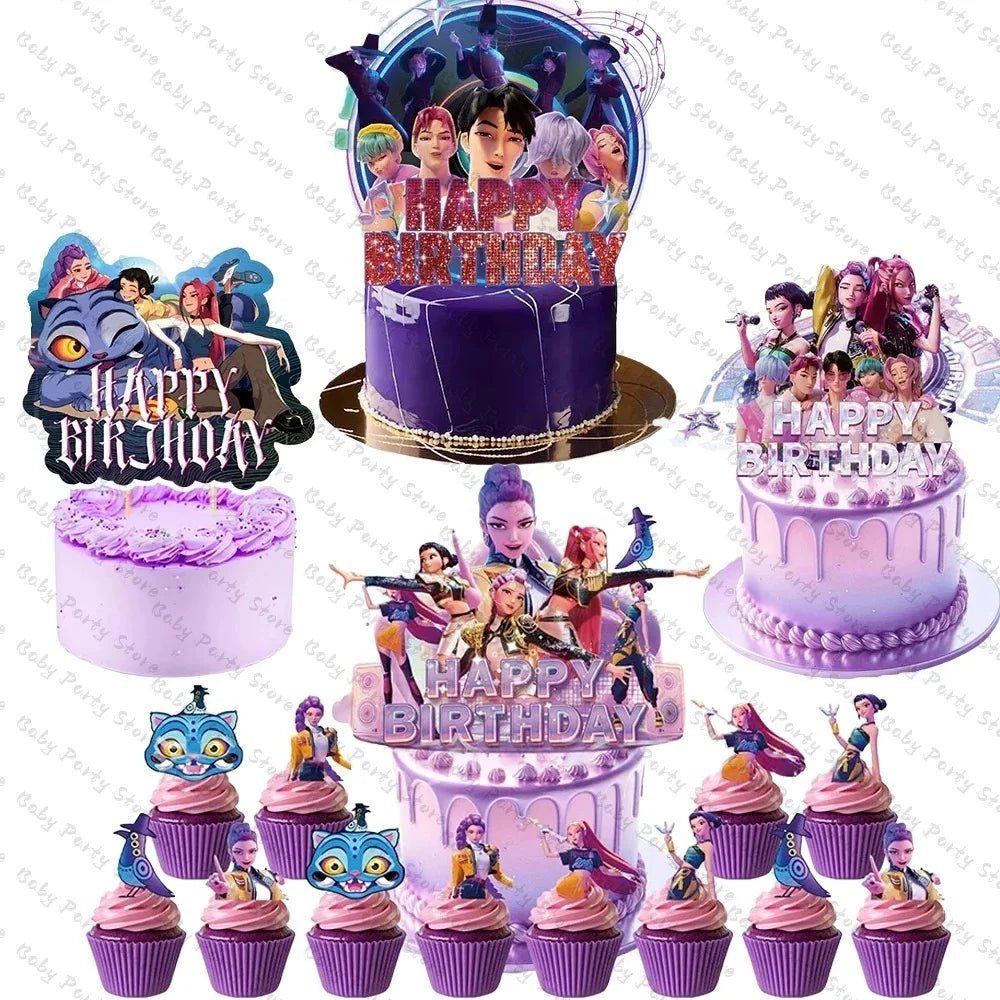 Demon Hunters Paper Cupcakes Topper Decor Birthday Cake Topper Set K-pop Anime Movie Demon Hunters Girls Party Cake Decora