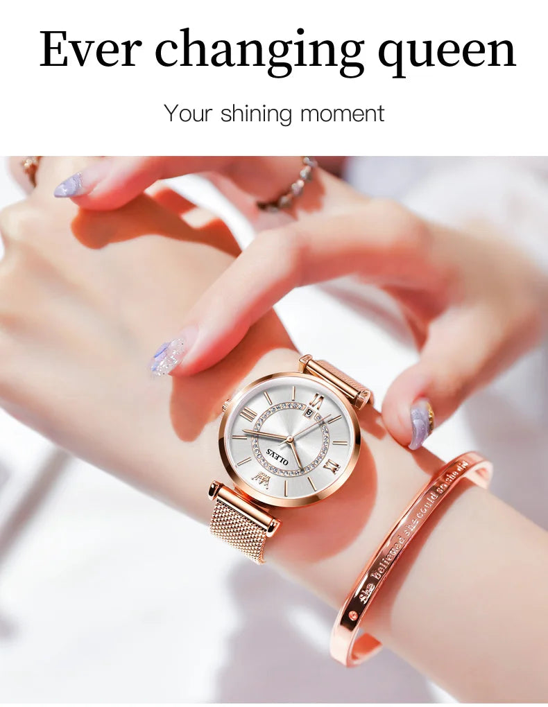 OLEVS 6892 Women's Watches Elegant Fashion Original Wristwatch Waterproof Stainless Steel Mesh Belt Luminous Inlaid Zircon