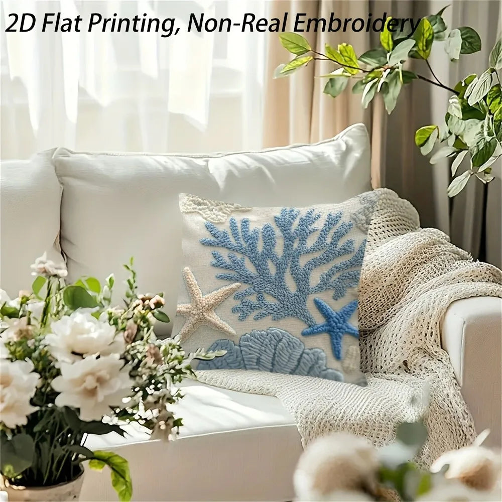 Coastal Coral Starfish Pillow Cover 2D Faux Embroidery Print Nautical Ocean Beach Cushion Case for Sofa Bed Couch Summer Home