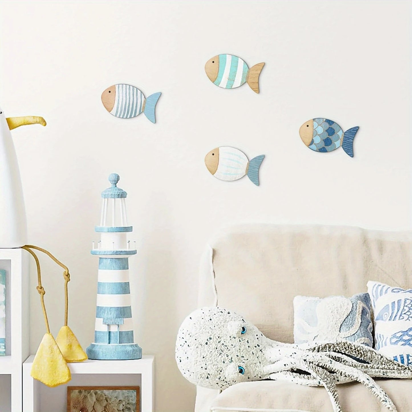 2D Wooden Fish Nautical Walls Beach Art Walls Hang Decorated Marine Themed Retro blue Fish Family Bathroom Pendants Gifts