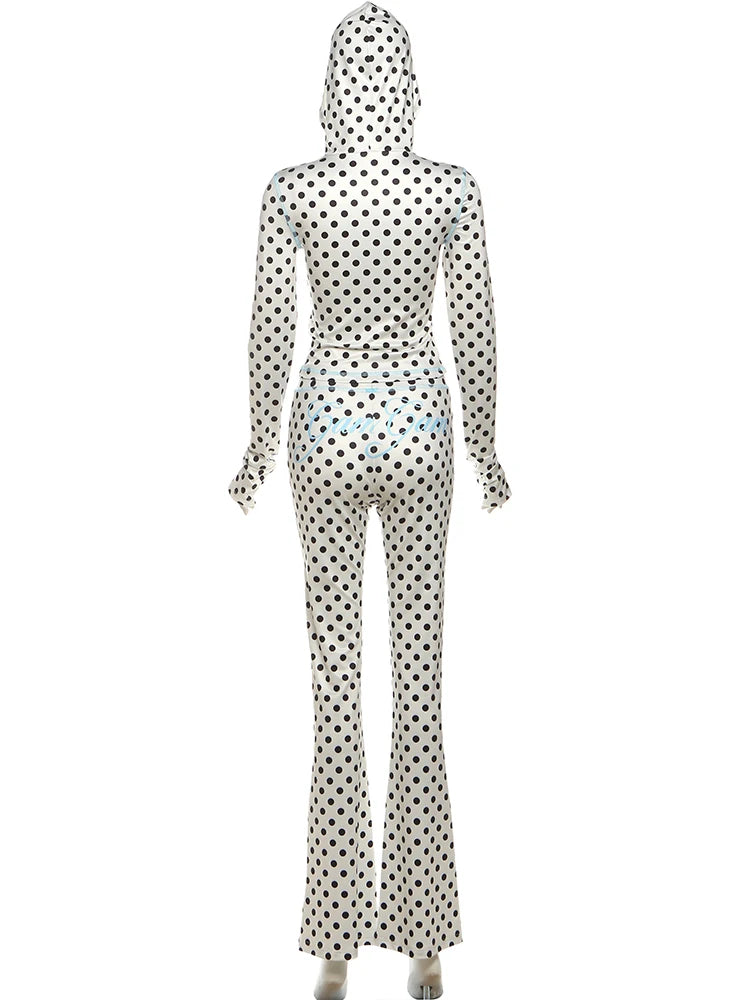 Weird Puss Polka Dot Letter Print 2 Piece Set Woman Tracksuit Trend Sexy Hooded Jacket+Pants Skinny Stretch Matching Streetwear