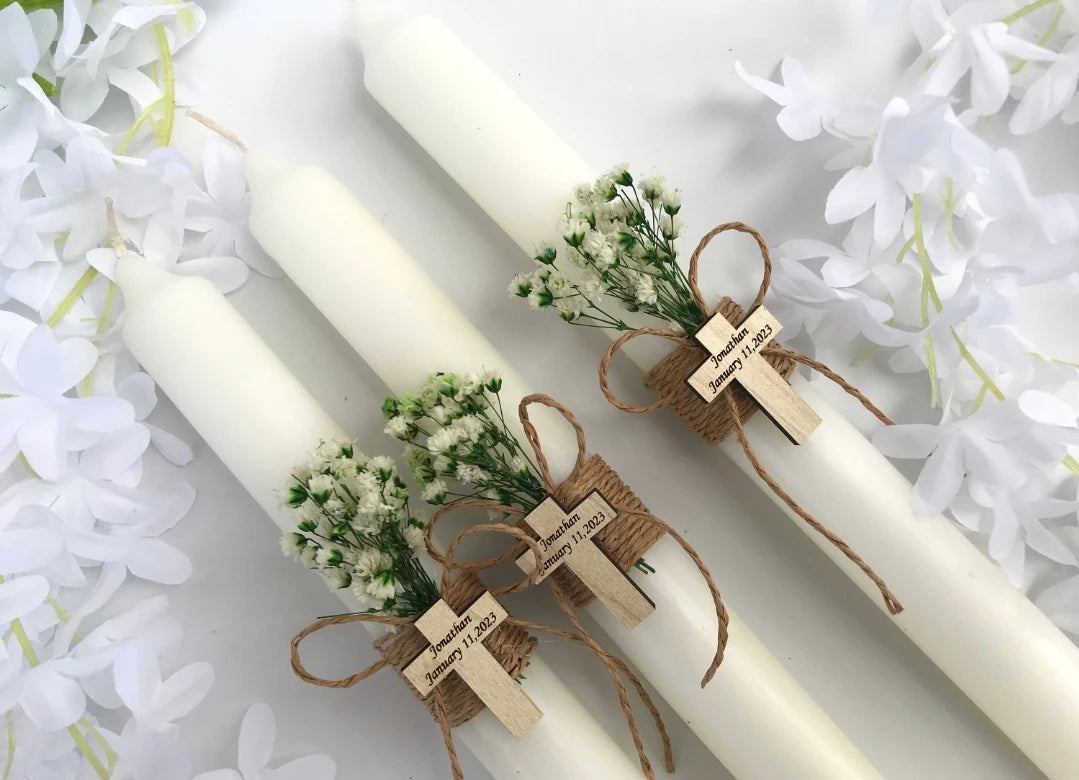 3pcs Personalised Christening Baptism Candle Naming Day Memory Keepsake Gift Unisex Boy Girl, Godparents, Custom Wood Cross