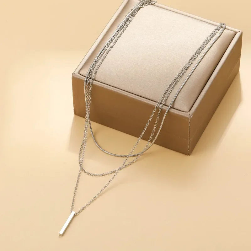 925 Sterling Silver Three-Layer Stacking Necklace Women Simple Strip Pendant Waterproof Hypoallergenic Collarbone Chain Jewelry