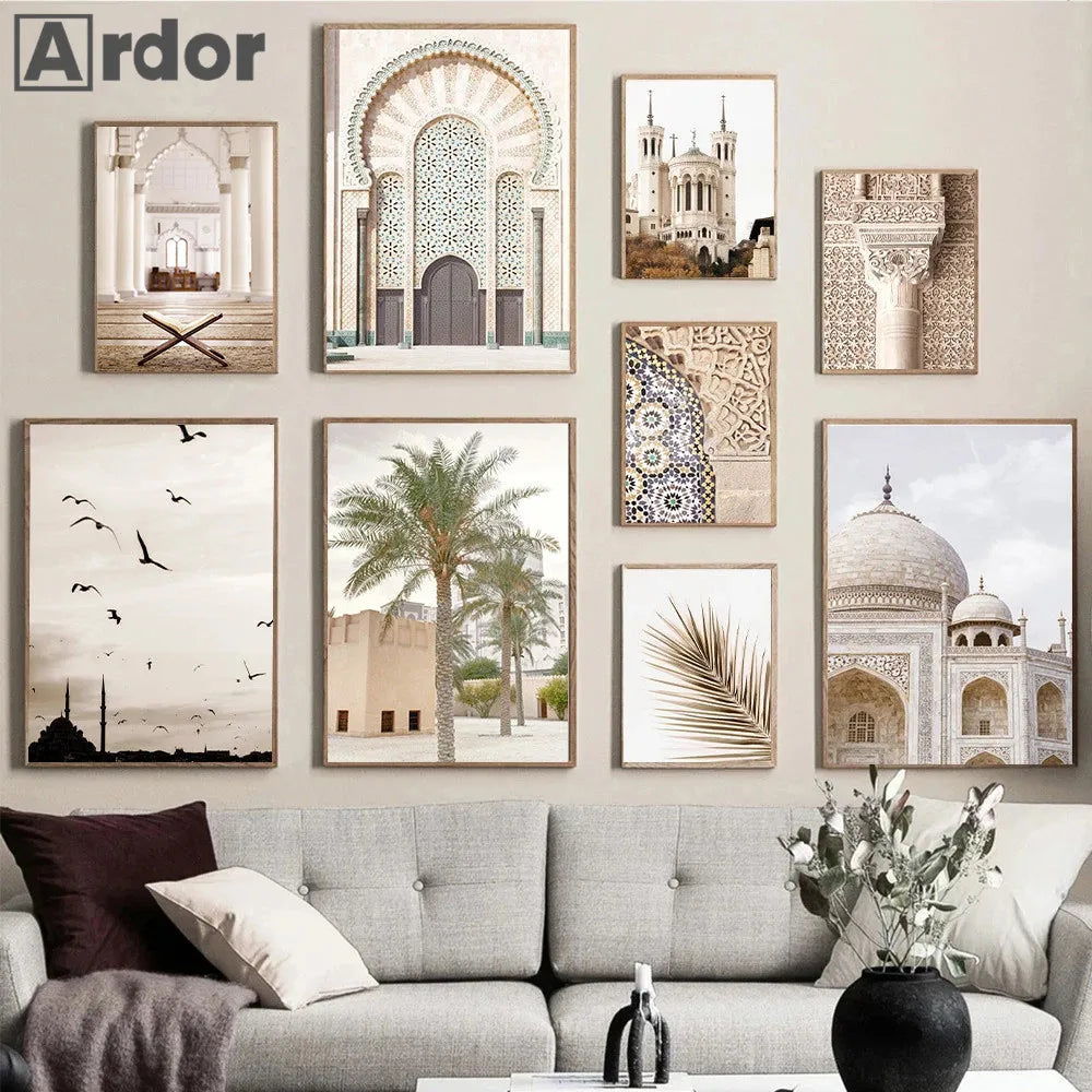 Morocco Architecture Islam Canvas Art Print Beige Flower Palm Tree Painting Ayatul Kursi Muslim Poster Wall Pictures Home Decor