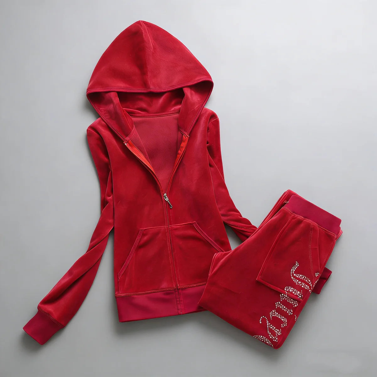 Y2K Women's Velvet Tracksuit 2 Piece Set Rhinestone Crown Print Hoodie + Straight Pants Slim Fit Loungewear Multiple Colors