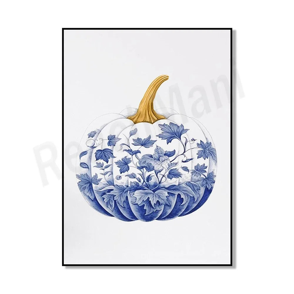 Chinoiserie Pumpkin Art, Hamptons Style Fall Aesthetic Fall Painting, Blue and White Porcelain Wall Art Canvas Print Poster