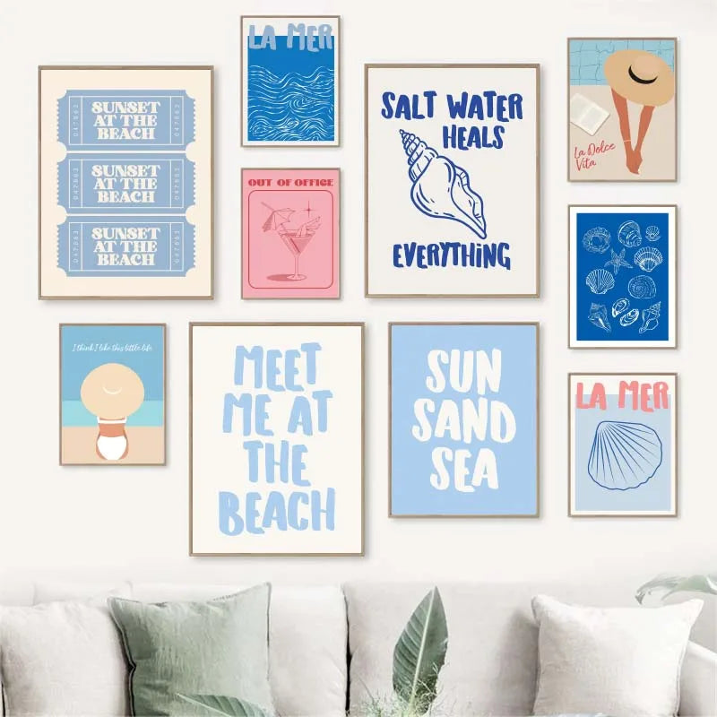 Seashells Meet Me At The Beach Poster Summer Sea Bikini Coastal Quotes Canvas Painting Trendy Wall Art Room Home Decor