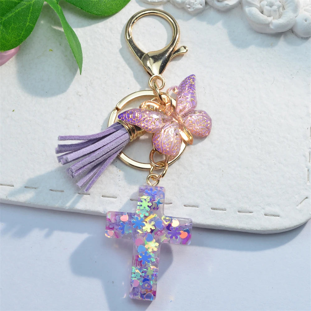 Exquisite Cross Butterfly Keychain Cute Resin Christian Cross Key Ring Purse Bag Pendant Car Key Accessories Women Party Gift