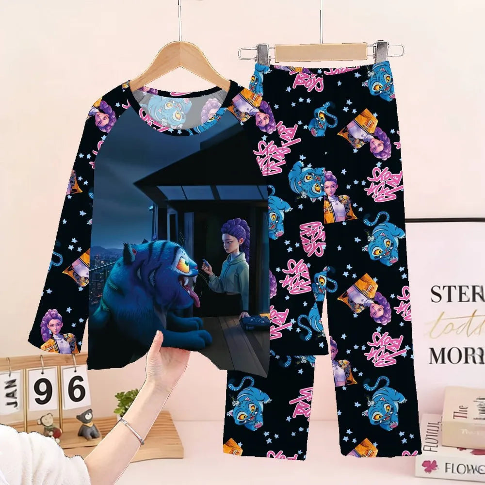 KPop Demon Hunters Huntrix Kids Pajamas Set Long Sleeve Girls Clothing 2pcs Children's Sleepwear Cartoon Boys Nightwear 3-14Y