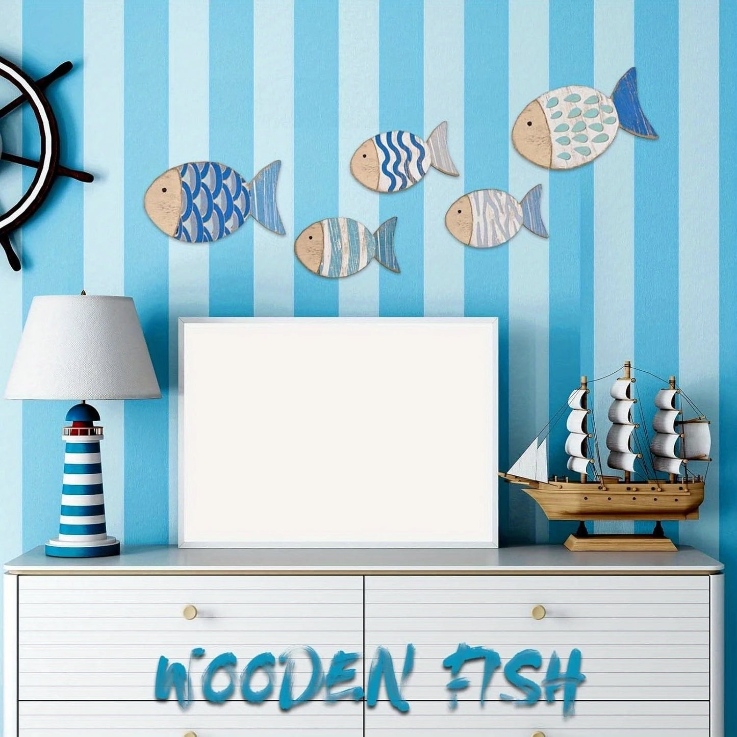 2D Wooden Fish Nautical Walls Beach Art Walls Hang Decorated Marine Themed Retro blue Fish Family Bathroom Pendants Gifts