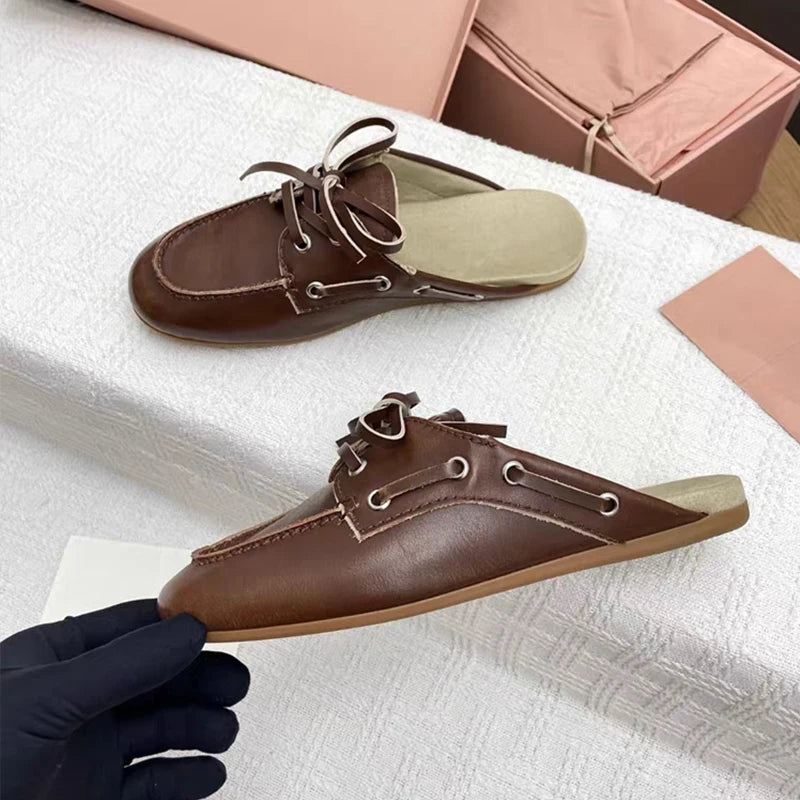 2026 New Fashion Women Slippers Leisure Slip on Summer Beach Holiday Leather Lace Up Versatile Round Toe Flat Loafers Sandals