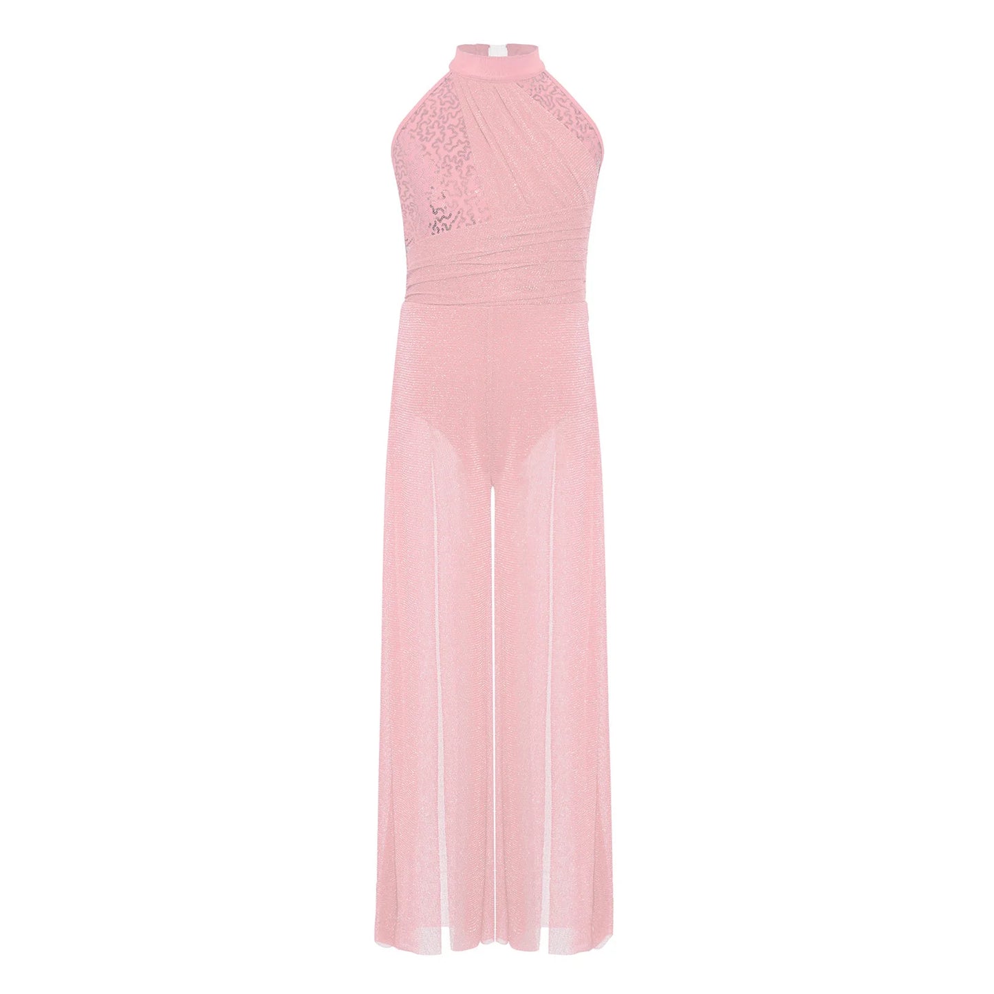 Children Girls Modern Lyrical Dance Jumpsuit Sleeveless Shiny Sequin Mesh Split Ballet Figure Skating Gymnastic Leotard Bodysuit