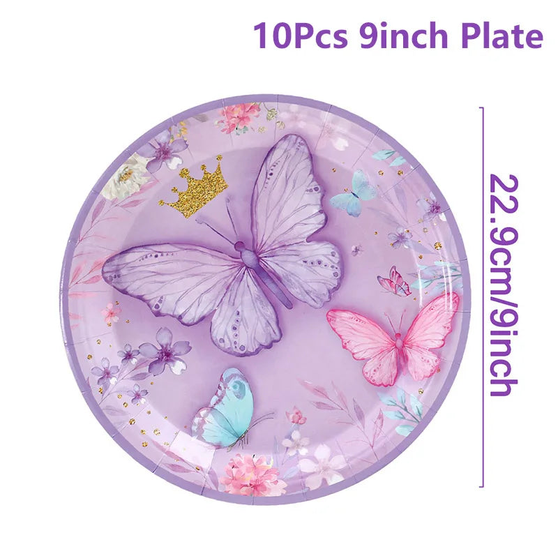 Purple Butterfly Party Decoration Disposable Paper Plates Napkins Cups Straw Tableware Set for Butterfly Birthday Party