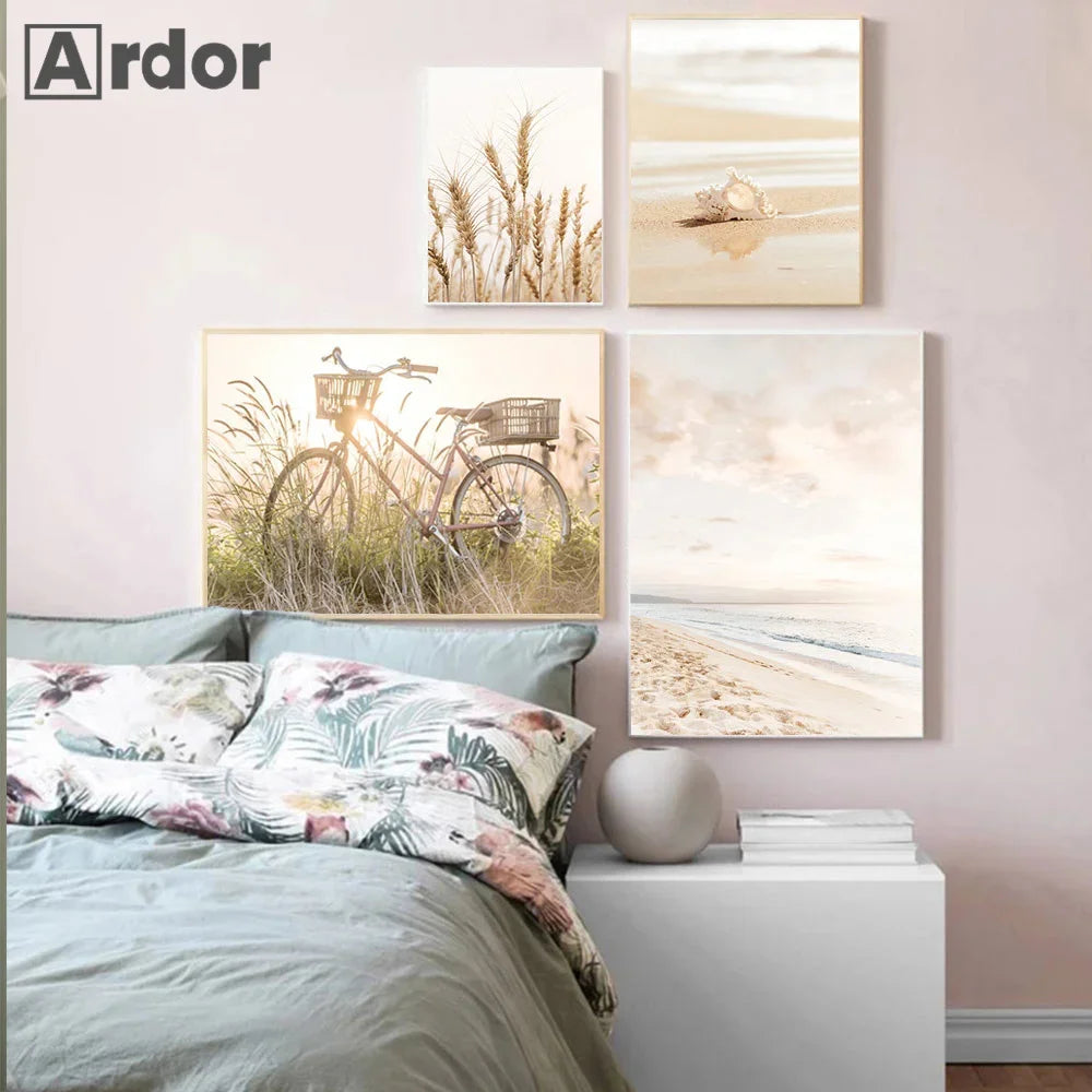Boho Nordic Beige Beach Starfish Shells Reeds Bike Wall Art Canvas Painting Posters And Prints Pictures Living Room Home Decor