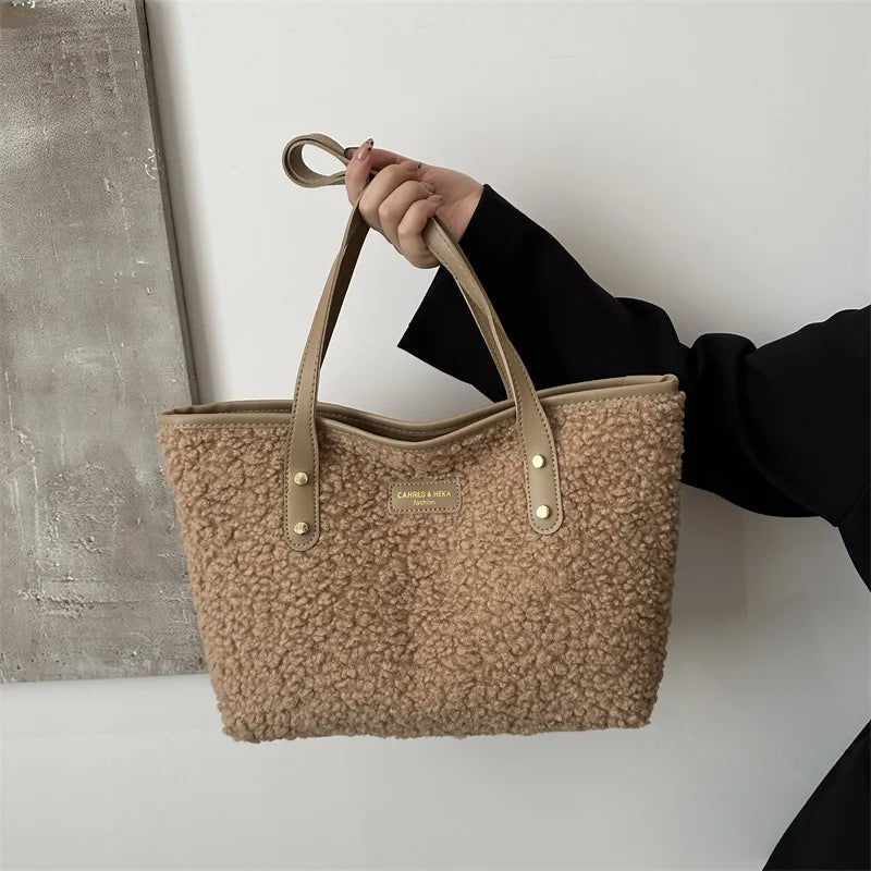 Soft Handbag Large Capacity Fall Winter Shoulder Bag Women Lamb Wool Tote Bag Zipper Closure Casual Shopping Traveling Tote
