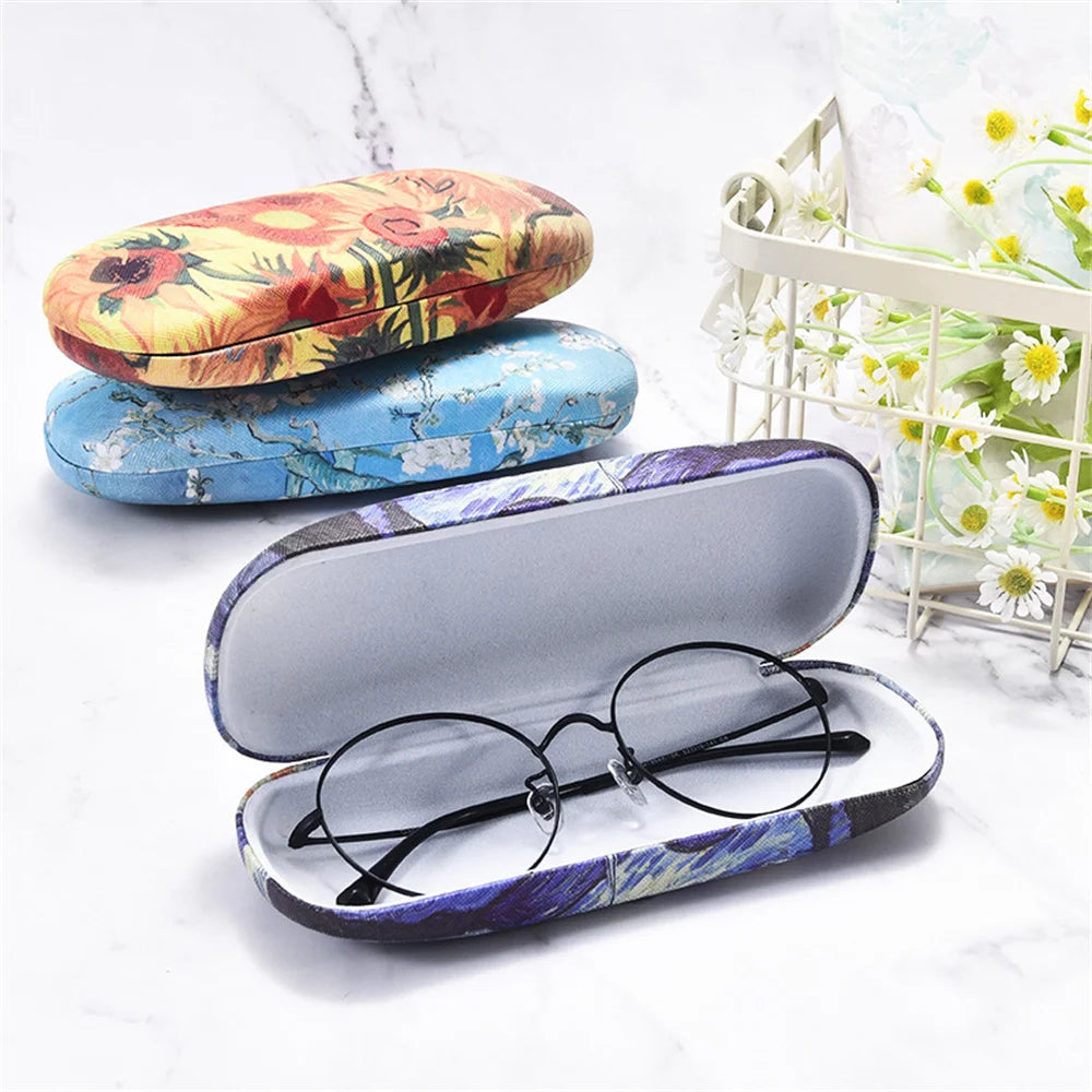 Fashion Oil Painting Glasses Case Box Hard Leather Reading Glasses Box Van Gogh Art Retro Floral Print Eyewear Protector Holder
