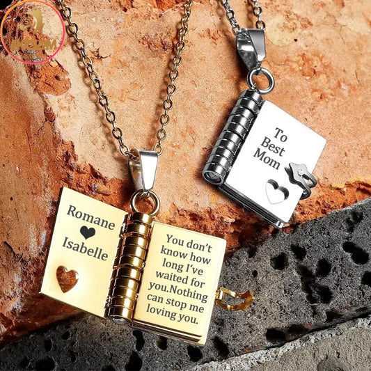 Akizoom Personalized Engrave Name Couple Book Necklace Stainless Steel Custom Book Locket Pendant for Women Family Jewelry Gift