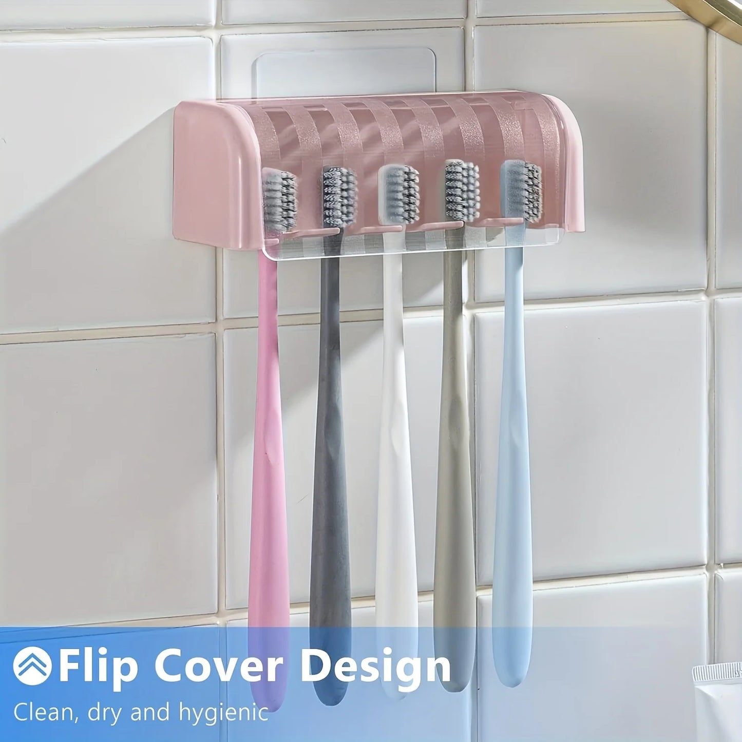 A covered 5-slot toothbrush holder, self-adhesive wall toothbrush storage rack, plastic bathroom supplies