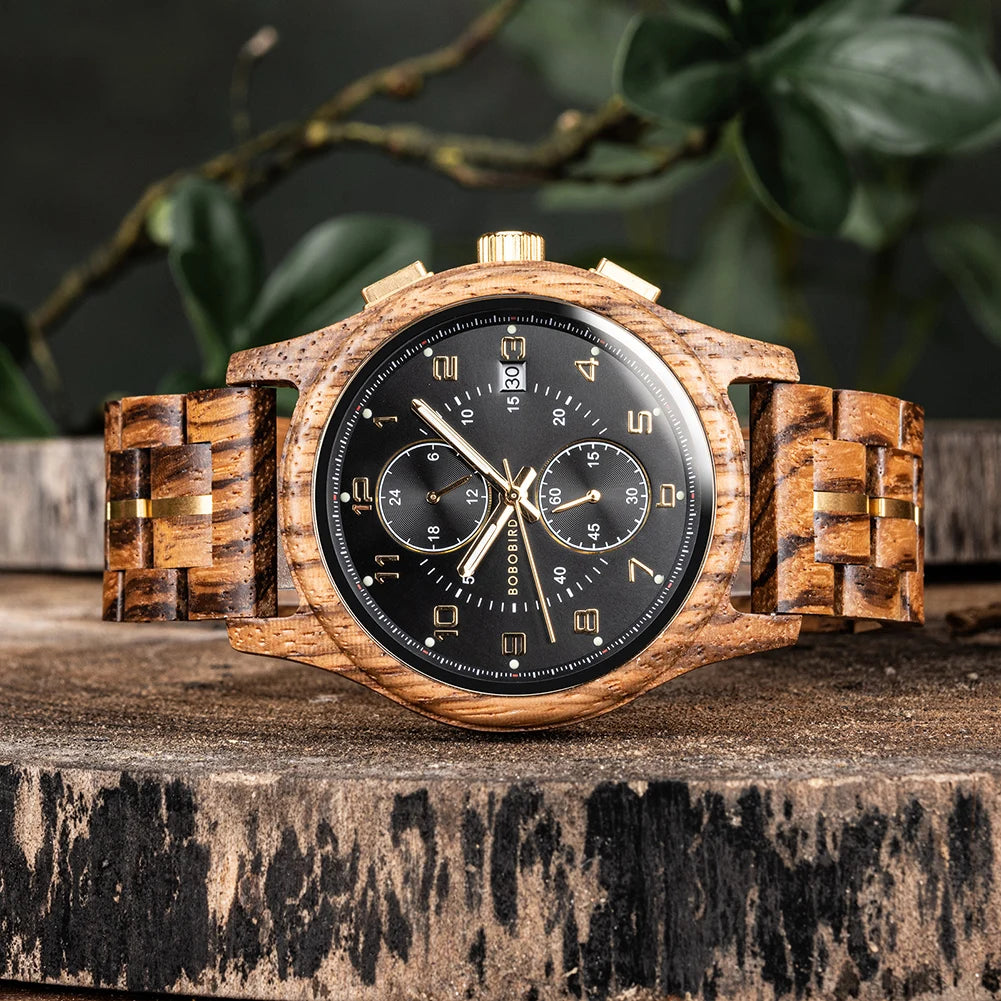 Wooden Watch for Men BOBO BIRD Chronograph Wristwatch with Luminous Hands Wood Watches Anniversary Gift for Him