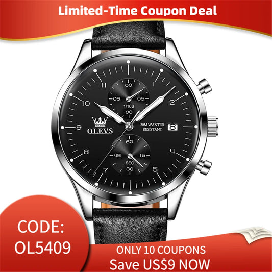 OLEVS 2880 Men Quartz Watch Business Dress Wristwatch Leather Luminous Date 30M Water Resistant Chronograph Style Dial