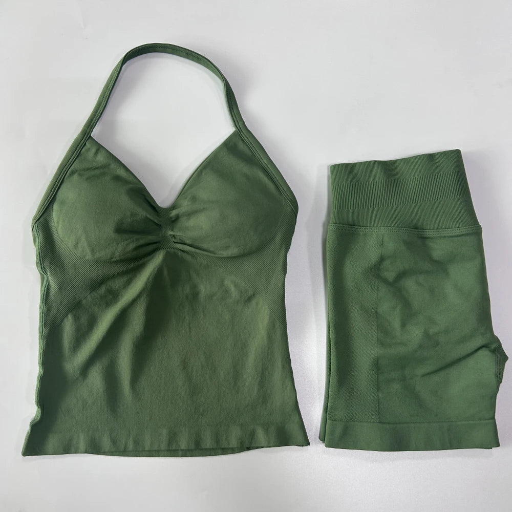 2Pcs Gym Set Women Backless Tank Tops High Waist Scrunch Seamless Shorts