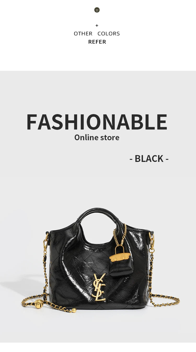 Premium handbag with diamond grid embroidery thread, large capacity vegetable basket bag, chain bar crossbody bag