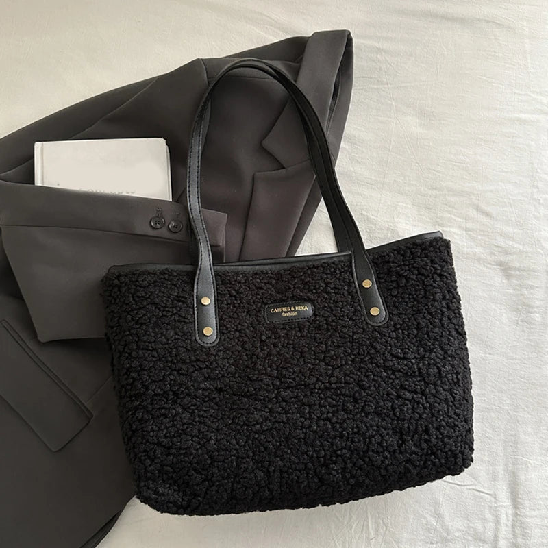 Soft Handbag Large Capacity Fall Winter Shoulder Bag Women Lamb Wool Tote Bag Zipper Closure Casual Shopping Traveling Tote