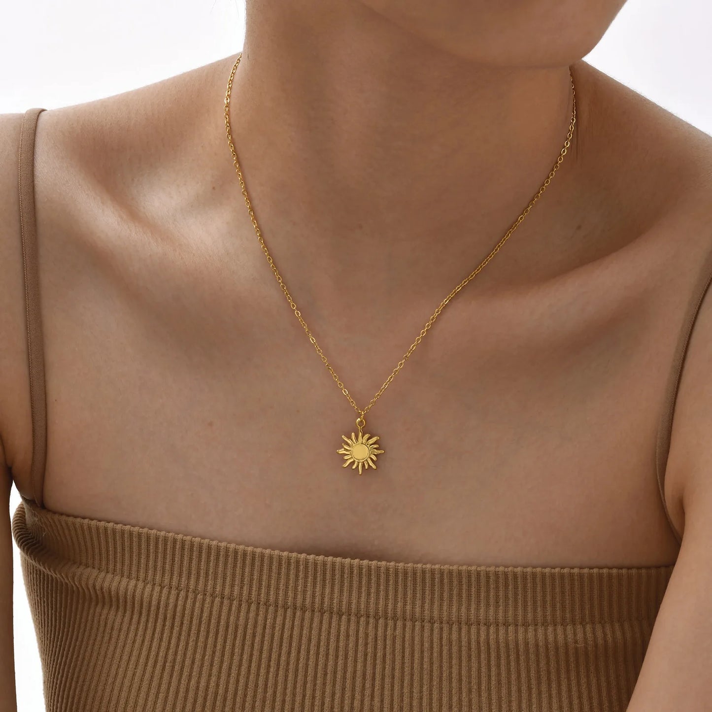 Stainless Steel Spiral Sun Flower Pendant Necklace for Women 18K Gold Plated Stackable Boho Necklace Waterproof Fashion Jewelry