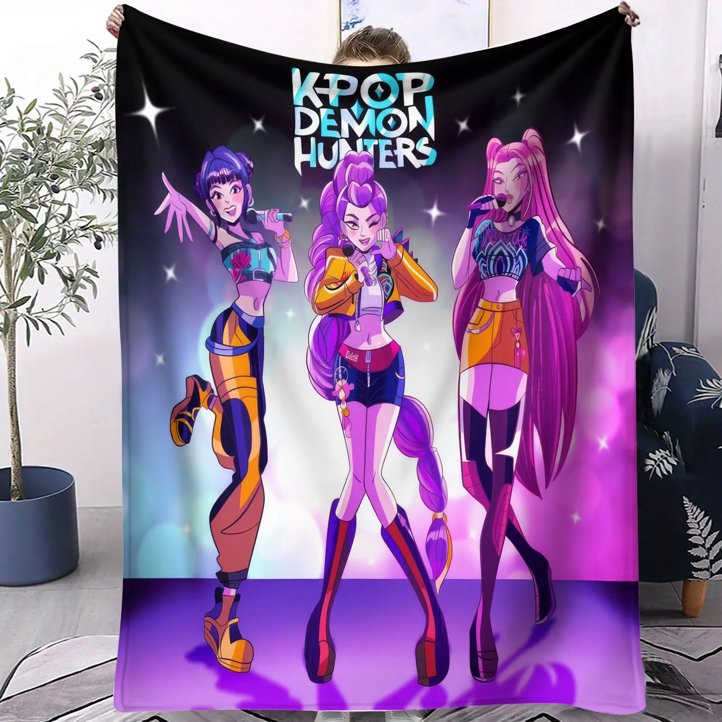 K Pop Demon Hunters Flannel Blanket Cyberpunk-style Plush Throw Blanket Fans Gift for Home Leisure Sofa Bed Cover Travel Camping