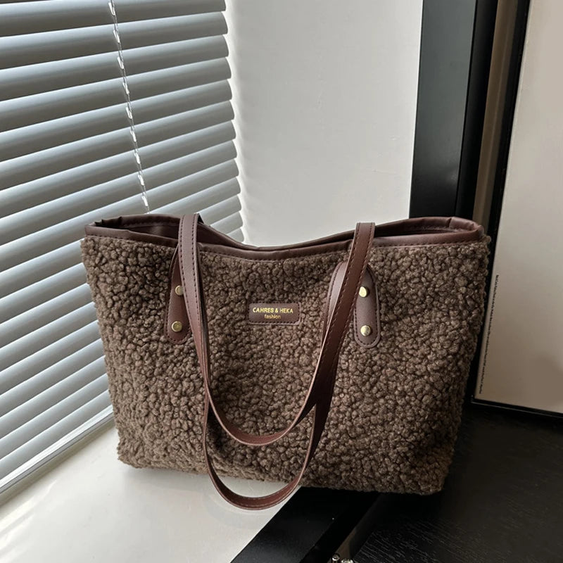 Soft Handbag Large Capacity Fall Winter Shoulder Bag Women Lamb Wool Tote Bag Zipper Closure Casual Shopping Traveling Tote