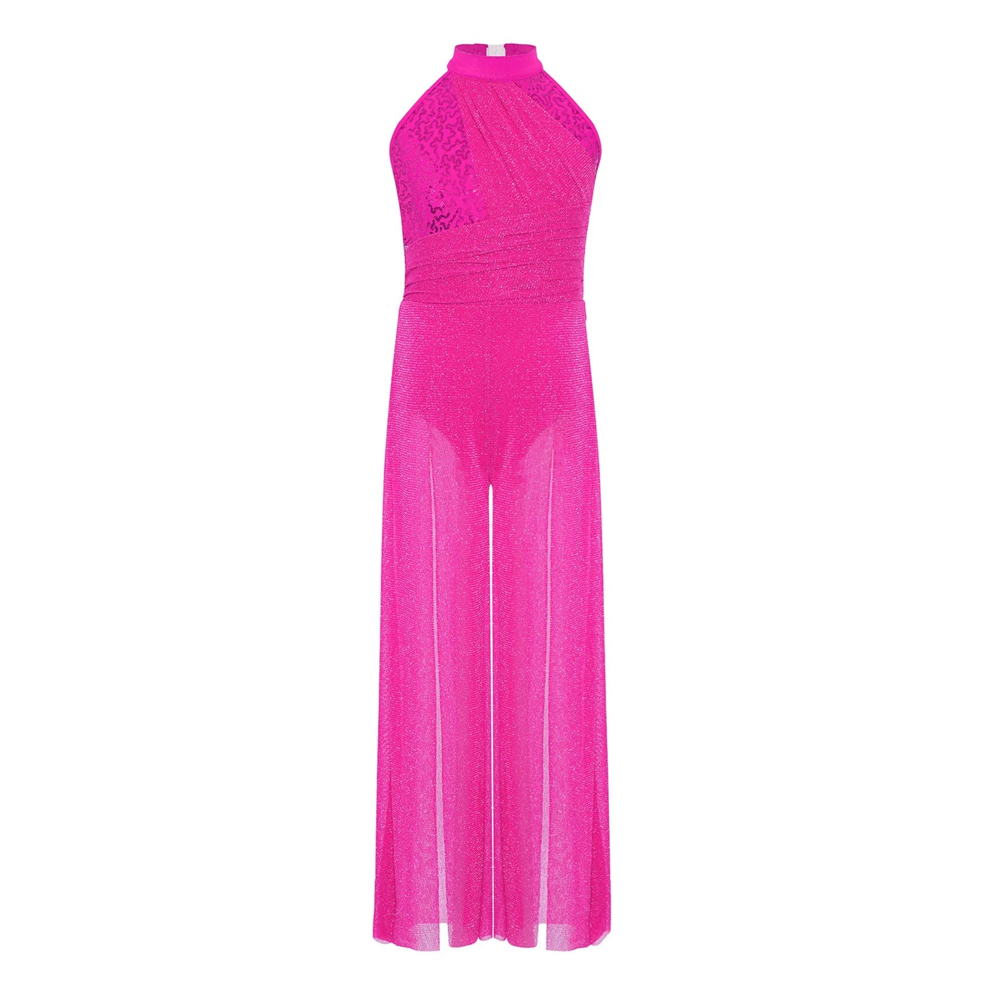 Children Girls Modern Lyrical Dance Jumpsuit Sleeveless Shiny Sequin Mesh Split Ballet Figure Skating Gymnastic Leotard Bodysuit