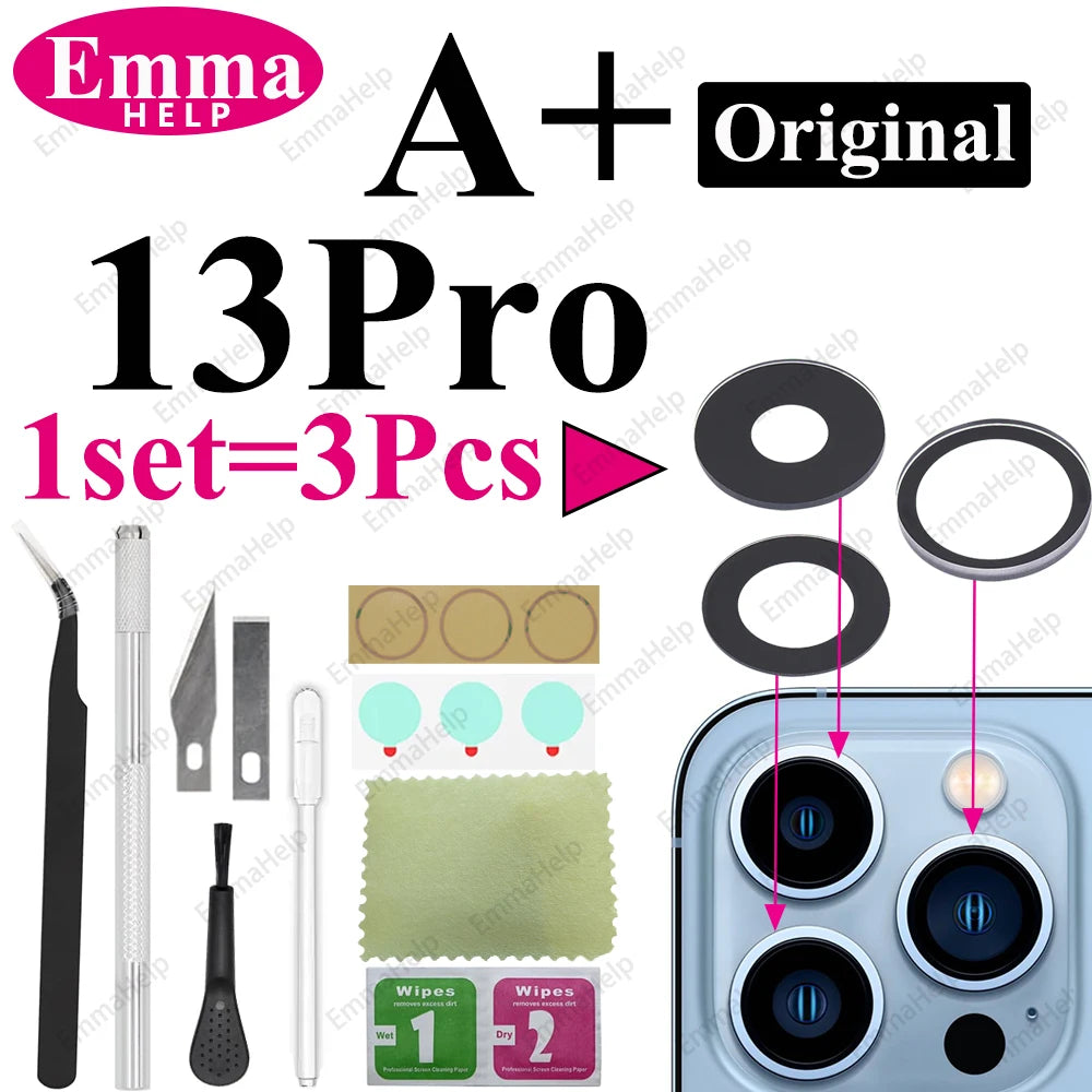 1Set Original Sapphire Rear Camera Glass Replacement for iPhone 16 15 14 Pro Max 12 13 Mini 15 Plus Camera Lens Repair Tool Kits