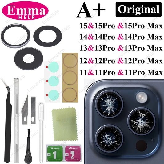 1 Set Original Sapphire Back Camera Lens Glass for iPhone 15 14 13 12 11 Pro Max Plus Mini with Adhesive Repair Tools Kit