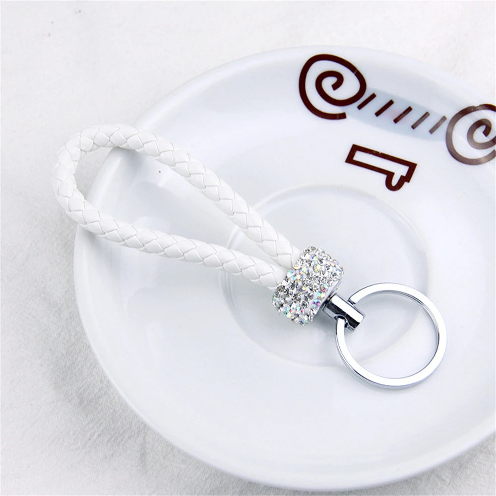 Creative Hand Woven Leather Car Keychain With Diamond Women Men Wallet Backpack Charm Bling Crystal Rope Keyring For Couple Gift