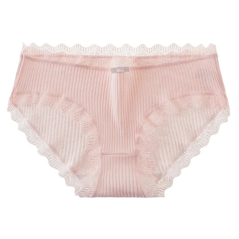 Cotton Sexy Lace Mid Waist Underwear Threaded Brief Solid Color Skin Friendly Ladies Underpant Breathable Fashion Casual Panties
