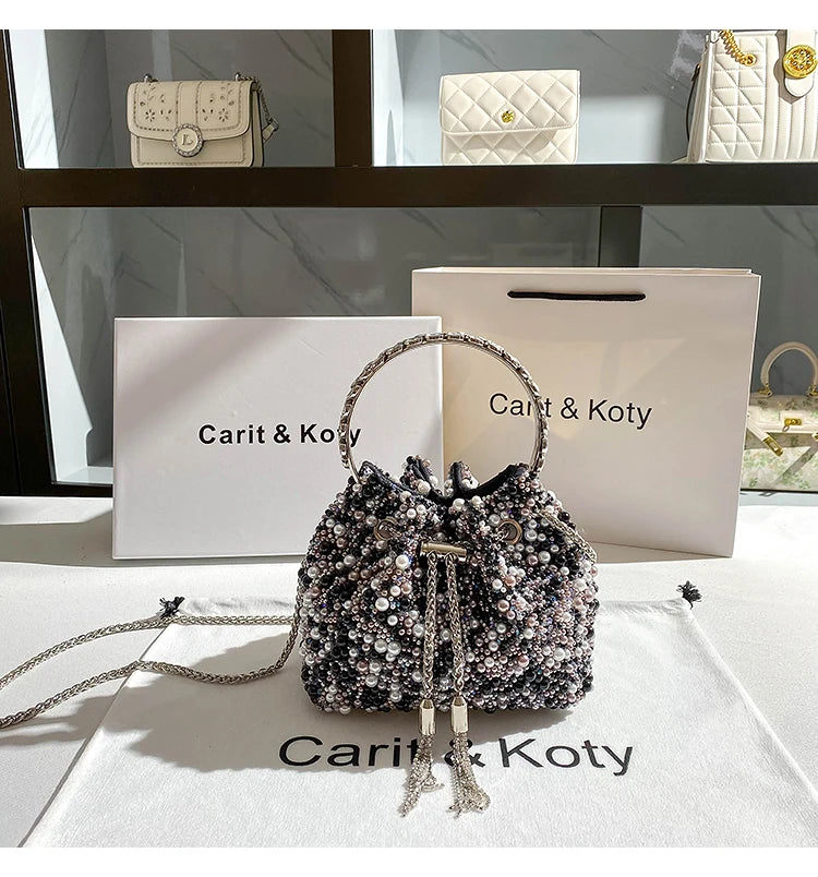 Luxury Designer Colorful Stones Evening Clutch Bag Wedding Party Bucket Purse Metal Handle Women Handbag Shoulder Messenger Bag